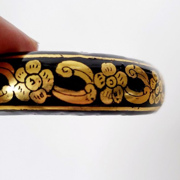 Gold Painted Black Lacquered Bangle Scroll Floral Motifs Folk Art - Picture 4 of 6